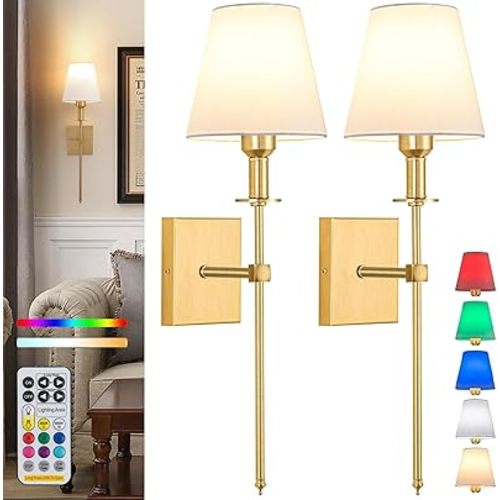 Wall Lights Battery Operated Wall Sconces Set Of 2,Gold Rechargeable Wall Light With Wireless Remote Dimmable,10 Colors Modes Cordless Battery Sconce Indoor Wall lamp for Bedroom Living Room Hallway