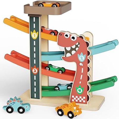 Wooden Car Ramp Toy Race Track for Toddlers 1-3 Dinosaur Race Car Track for Toddlers 1 Year Old Baby Motor Skills Toddler Race Track Montessori Toys with Car Ramps with 6 Cars
