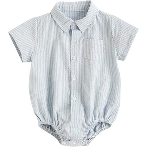 Newborn Baby Boy Clothes Cotton Plaid Button Up Bodysuit Shirt Oversized Lapel Short Sleeve Bubble Romper Outfit