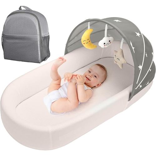Portable Baby Bassinet- Travel Bassinet for Newborn and Infant, Suitable for Indoor & Outdoor Carry, Lightweight Foldable Washable, Portable Bassinet for Baby Travel, Portable Travel Bassinet, Grey
