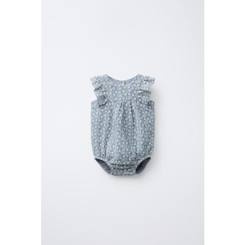 RUFFLED FLORAL EMBROIDERED ROMPER - Blue marl | ZARA United States
