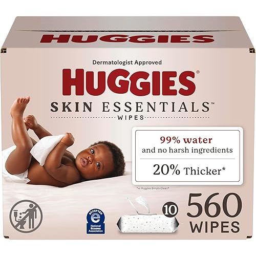 Huggies Skin Essentials Baby Wipes, Hypoallergenic, 99% Water, 10 Flip Top Packs (560 Wipes Total)