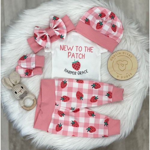Strawberry Girl's Coming Home Outfit, New to the Patch Newborn Baby Girl Outfit, Take Home Newborn Outfit, Girl Layette, Baby Shower Gift