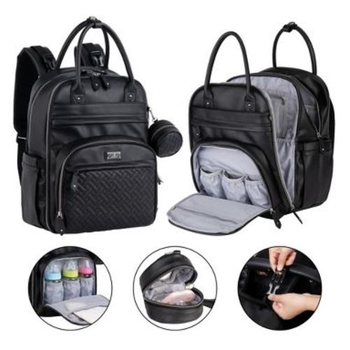 BabbleRoo Diaper Bag Backpack with Changing Pad & Stroller Straps, Black Leather, 1 pc Pañaleras Para Bebe