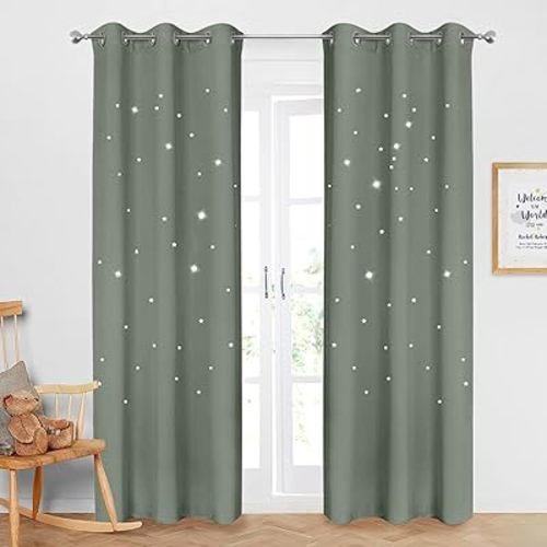 NICETOWN Blackout Curtains for Bedroom, Star Hollow-Out Curtains for Kids Room, Thermal Insulated Room Darkening Drapes with Grommet for Nursery Girl Boy Baby, 1 Panl of 42 x 84 Inch, Sage Green