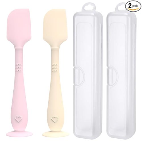 2 Pack Diaper Cream Spatula with Hygienic Travel Case, Butt Spatula Baby with Suction Base, Baby Butt Paste Spatula, Soft Silicone Diaper Rash Cream Applicator Large Size (Pink & Offwhite)