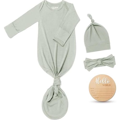 Hello World Newborn Knotted Gown 0-3 Months, Coming Home Outfit Baby Bamboo Viscose Sleeper with Hat,Headband,Wooden Sign