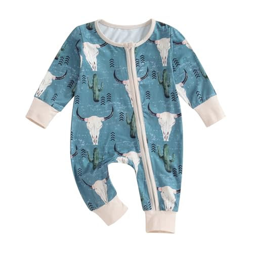 MAINESAKA Western Baby Boys Girls Clothes Neutral Long Sleeve Cow Print Zip Up Romper Jumpsuit Newborn Cowboy Fall Clothes