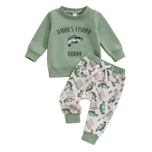 Nibbcoa Toddler Baby Boy Fall Outfit Daddy's Fishing Buddy Letters Print Sweatshirt Fish Print Pants Set 2Pcs Hunting Outfit