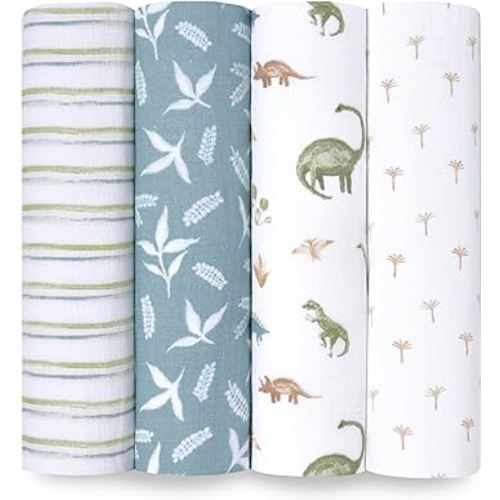 aden + anais Essentials Disney Baby Muslin Swaddle Blankets, Newborn Receiving Blanket for Swaddling, 100% Cotton Baby Swaddle Wrap, 4 Pack, Dino Jungle
