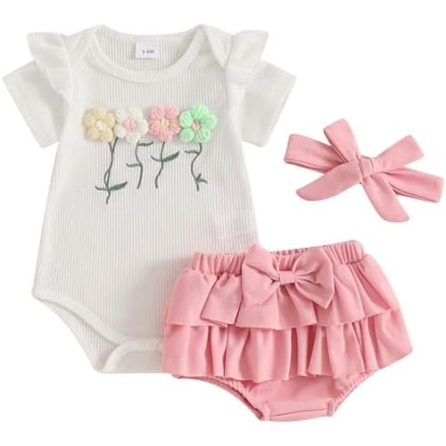 Mubineo Baby Girl Clothes Summer Outfits Cute Flower Romper Ruffle Skirt Shorts Skort Newborn Outfit Bodysuit Sets