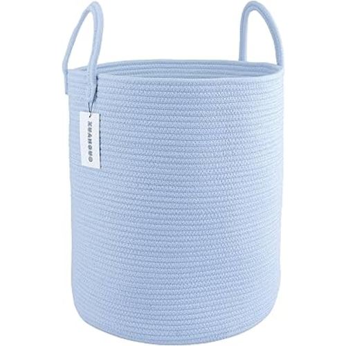 Cotton Rope Laundry Basket Hamper for Clothes Woven Storage Basket for Living Room Bedroom Boho Tall Rope Baskets for Blanket Toys Pillow Towels Baby Nursery Hamper Bin light blue