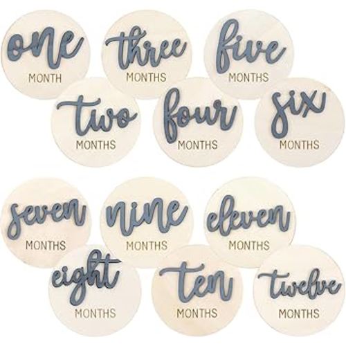 6 PCS Baby Monthly Milestone Cards, Double Sided Wooden 3D Milestone Cards Signs for Photos Announcement Sign 1-12 Months Photography Photo Newborn Keepsake Gift(Blue)