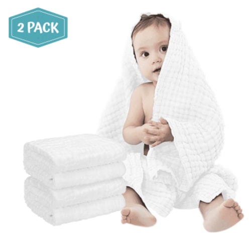 2-Pack Premium Soft Muslin Honeycomb Cotton Baby Towels - White, Fast Water Absorption, Newborn Care