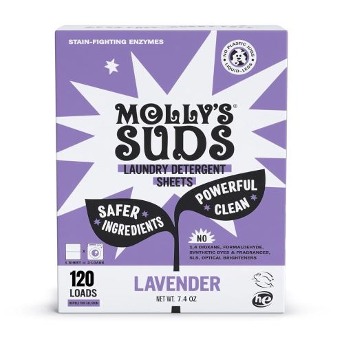 Molly’s Suds Laundry Detergent Sheets | Gentle on Sensitive Skin, Powerful Bio-Based Enzymes, Stain-Fighting | Liquidless & Plastic-Free Packaging | 120 Loads (Lavender)