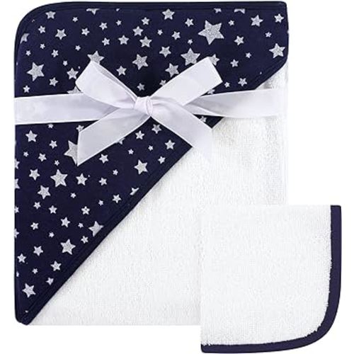 Hudson Baby Unisex Baby Cotton Hooded Towel and Washcloth, Navy Silver Star, One Size