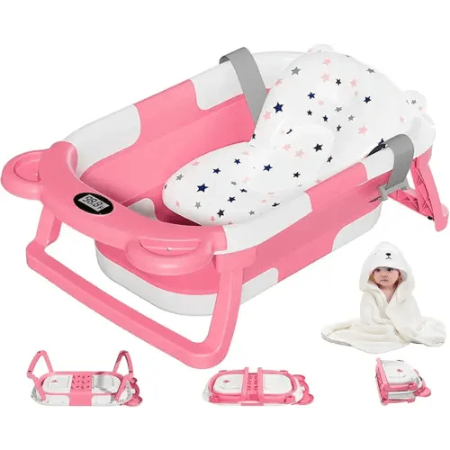 MoreFeel Collapsible Baby Bathtub for Newborn with Thermometer & 1 Hooded Towel & 1 Soft Floating Cushion,Portable Travel Bathtub with Drain Hole, Durable Foldable Baby Tubs for Infants to Toddler