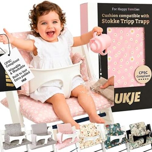 UKJE Cushion Compatible with Stokke Tripp Trapp (Old and New Model) 2 Pieces | Wipeable & Washable at 86°F | Oeko-Tex Certified Cotton | Extra Padded Handmade Seat Cover | Pink Daisy