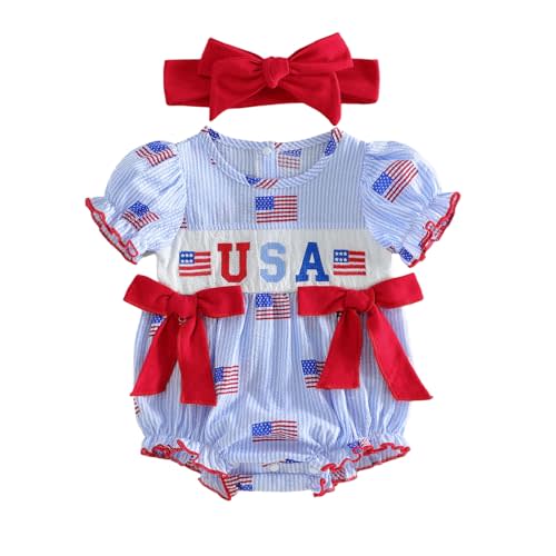 4th of July Baby Girl Outfit American Flag Romper USA Smocked Bubble Jumpsuit with Bow Headband Patriotic Clothes