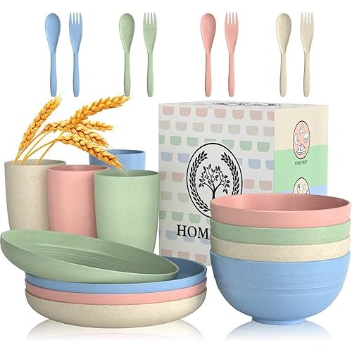 Wheat Straw Dinnerware Sets, 20 PCS Dishes Dinnerware Set Microwave and Dishwasher Safe, Lightweight Unbreakable Dishes, Reusable Dinner Plates Kids Plates and Bowls Sets for Kitchen, Camping