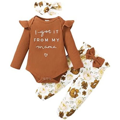 DISAUR Baby Girls Clothes Newborn Infant Baby Girls Outfit Long Sleeve Ruffle Romper Floral Pants Headband Sets 0-18 Months