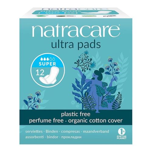 Natracare Slim Fitting Ultra Pads with Wings, Super, Made with Certified Organic Cotton, Ecologically Certified Cellulose Pulp and Plant Starch (1 Pack, 12 Pads Total)
