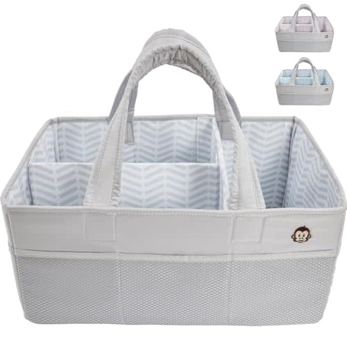 MIGHTY MONKEY Oversized Stain Resistant Baby Diaper Caddy Organizer with Handle, Adjustable Mesh Storage Bin Compartments for Diapers, Baby Wipes, Newborn Changing Table Nursery Essentials, Gray