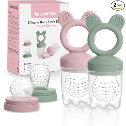 Bessentials Lot de 2 mangeoires à fruits frais pour bébé - En maille en silicone pour bébé - 3 tailles de pochettes alimentaires incluses - Convient pour les bébés de 4 mois et plus (rose clair et