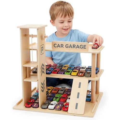 Woodtoe Wooden Display Case, 1/64 Scale Diecast Toy Car Shelf for Kids 3+