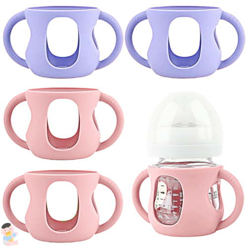 4 Pack Silicone Sleeves for Avent Natural Glass Baby Bottles, Silicone and Easy-Grip Handles for Drop Protection, Compatible with Philips Avent 4/8 OZ Glass Bottle (2 Pink+2 Purple, 4 OZ)