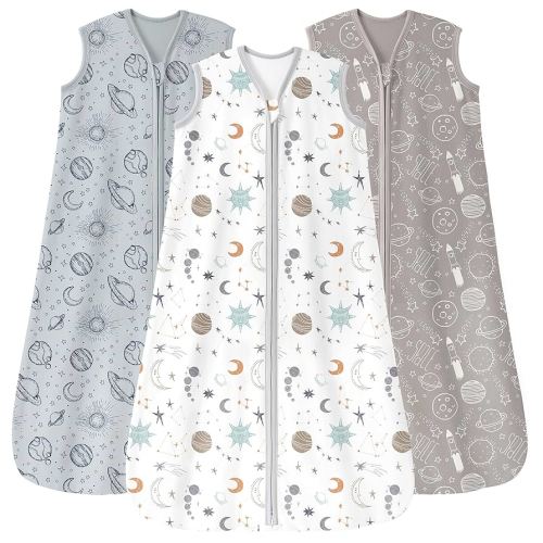 Baby Sleep Sack 0-6 Months 3 Pack 100% Cotton Lightweight 0.5 TOG Wearable Blanket Baby Sleep Bag with 2-Way Zipper for Newborn Infant White Gray Blue Space