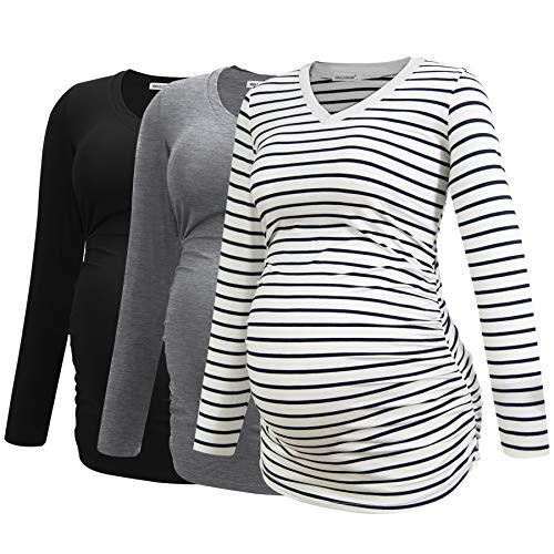 Smallshow Women's V-Neck Maternity Shirt Clothes Long Sleeve Ruched Pregnancy Top