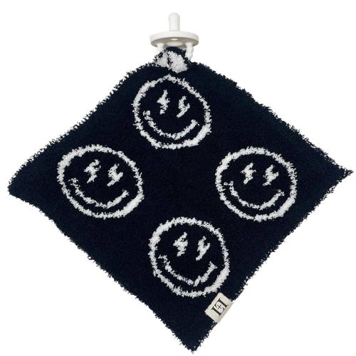Smiley Face Baby Lovey Pacifier/Teether Holder 10"x10" - DreamSoft Knitted Cuddly Soothie Reversible Mini Comfort Blanket - Cute Newborn Gift Essential for Babies Boys and Girls (Black/White)
