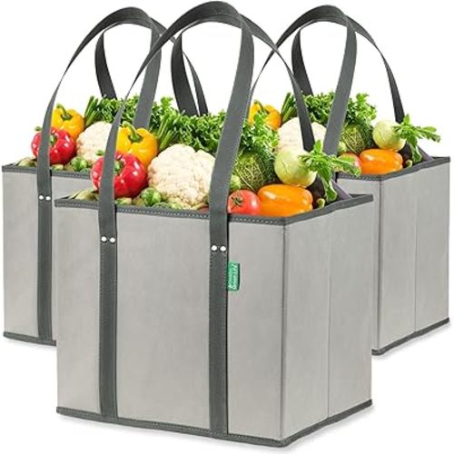 Creative Green Life Reusable Grocery Bags (3 Pack) – Heavy Duty Reusable Shopping Bags with Box Shape to Stand Up, Stay Open, Fold Flat – Large Tote Bags with Long Handles & Reinforced Bottom (Gray)