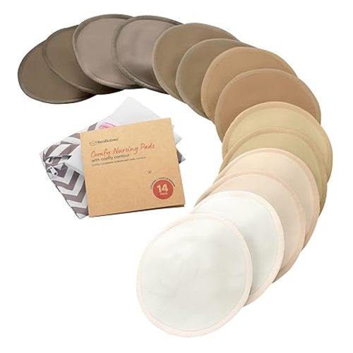 Organic Nursing Pads - 14 Washable Breast Pads for Breastfeeding, Wash Bag, Viscose Derived from Bamboo Reusable Nipple Covers for Breastfeeding Essentials, Soft & Absorbent(Soft White, L 5")
