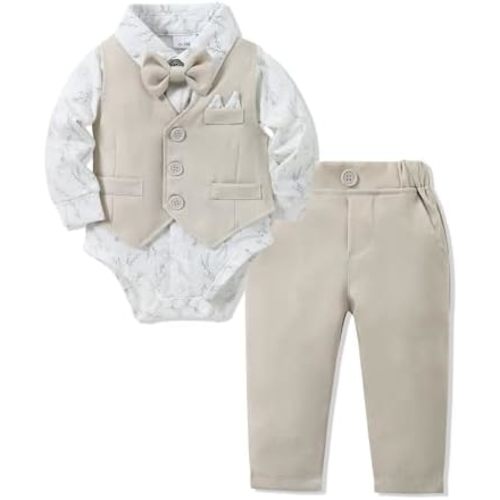 YALLET Baby Boy Clothes Suit 0-24 Months Infant Gentleman Outfits Formal Dress Shirt+Bowtie+Vest+Pants Set Baby Wedding Suits