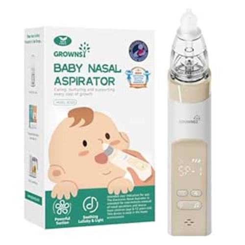 GROWNSY Nasal Aspirator for Baby, Electric Baby Nose Sucker, Automatic Nose Cleaner with Larger Suction Chamber and More Powerful Suction, Music and Light Soothing Function, Beige