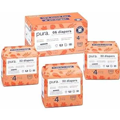 Pura Size 4 Diapers, 66 Count, Unisex, Organic Cotton, Leak-Free, Plant-Based, Dermatologically Tested, Allergy-Certified, Carbon Neutral, B-Corp