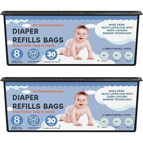Diaper Pail Refills Bags with 30 Bags Compatible with Genie Easy Roll Signature Diaper Pails and Platinum Diaper Pails, Lasts Up to 8 Months, 7-Layer Odor-Barrier Technology, 2 Pack (60 Bags)