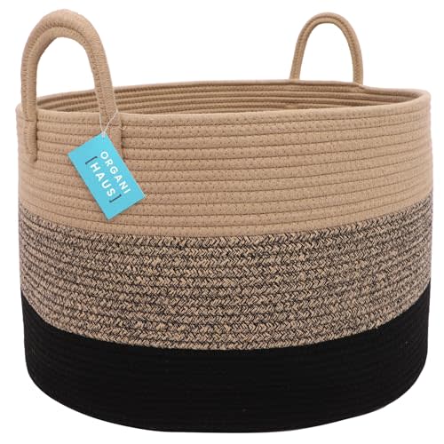 OrganiHaus Woven Laundry Basket, Large Cotton Rope Blanket Holder with Handles, Soft & Sturdy Nursery Hamper, Decorative Toy Bin for Living Room Organization 20x13 inches - Brown/Black