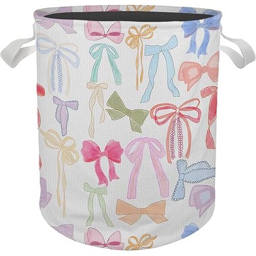 Girls Laundry Basket, Coquette Colorful Bow Ribbon Girly Nursery Laundry Basket Hamper Waterproof Collapsible Storage Bin Organizer for Bedroom Bathroom Kids Girls Room Dorm Clothes Toys