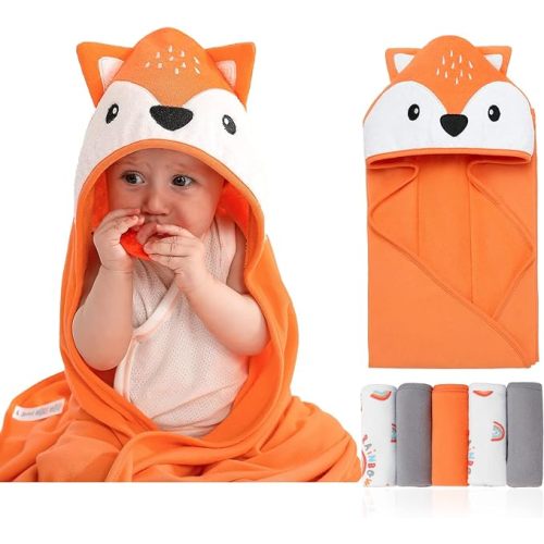 SYNPOS Baby Bath Towels For Newborn with 5 Baby Washcloths - Ultra Absorbent and Soft Cotton Hooded Bath Towel for Babie, Toddler, Infant - Unisex Hooded Baby Bath Towel - Fox(regular) - 30.00" x 30.00"