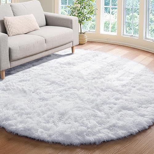 ONASAR White Round Area Rug 4ft, Soft Bedroom Circle Rugs Floor Mat for Kids Girls Boys Teen Room, Fuzzy Plush Shaggy Carpet for Baby Nursery Living Room Playroom Home Decor