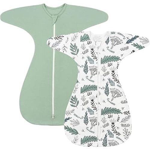 ZIGJOY Shark-Fin Transition Swaddle - 1.0 Tog Baby Sleep Sack Soft Cotton Transitional Swaddle Baby Wearable Blanket with 2-Way Zipper for All Seasons, Green&Leaf, 6-12 Months