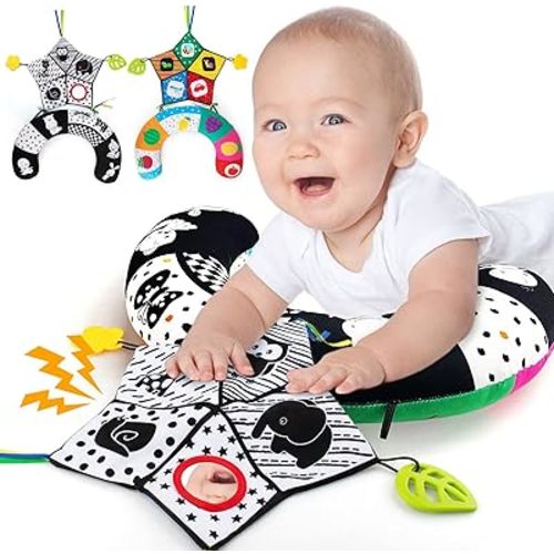teytoy Tummy Time Pillow with Crinkle Mat & Teethers, Black and White High Contrast Baby Toys with Mirror, Montessori Sensory Crawling Toy for Infant Newborn Toddler Tummy Time Toys 0-6 Months Babies