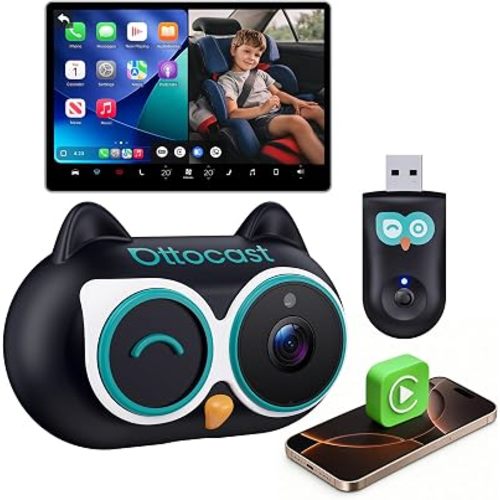 OTTOCAST Cabin Care Baby Car Camera with Wireless CarPlay, 1080P Rear Seat Monitor on Car Screen, No-Glow Night Vision, 150° Wide Angle, Split Screen, Plug & Play, No Android Support