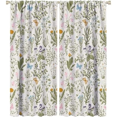 Floral Blackout Windows Curtains, Vintage Garden Plants Herbs Flowers Botanical Classic Design Art Curtains, for Living Room Bedroom 42x54in 2 Panels