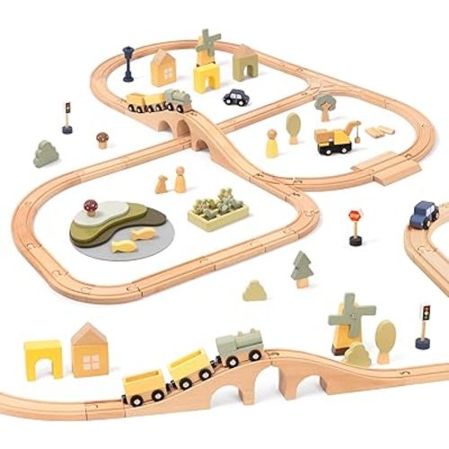 OOOK Multi-Scenario Wooden Train Set with 82pcs Adorable Accessories