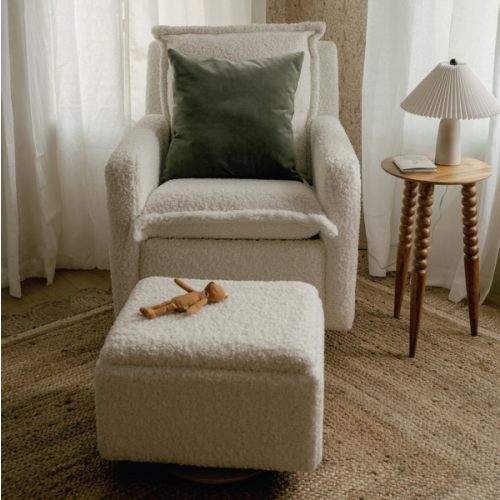 Sheepskin Linen - Small Stationary Rectangle Ottoman With Wood Base