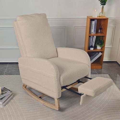 Nursery Rocking Chair,Modern Upholstered High Back Glider Armchair,Comfy Rocker with retractable footrest and Wood Base, Side Pocket Accent Chair for Living Room/ Bedroom （Teddy）BEIGE